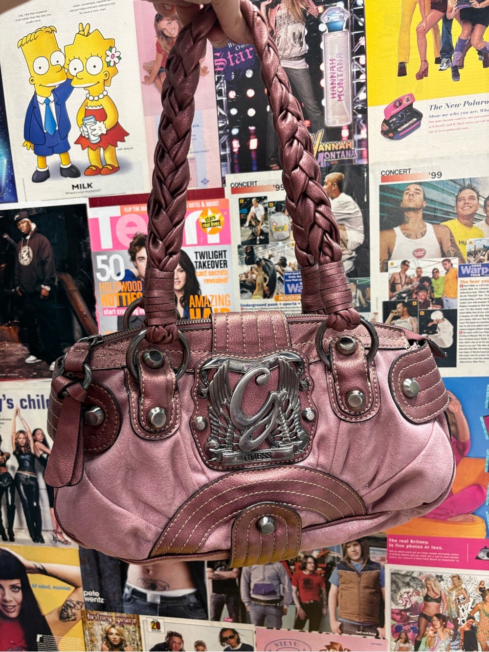 Vintage Y2K Guess Pink Braided-Handle Shoulder Bag